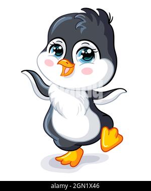 Cute dancing baby penguin on white background. Cartoon character. Vector isolated colorful illustration. For print and design, poster, card, sticker, Stock Vector