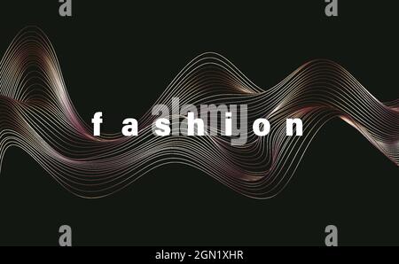 Abstract Gold Waves. Shiny golden moving lines design element with glitter effect on dark background for greeting card and disqount voucher. Stock Vector
