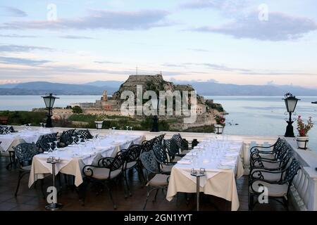 View from the roof terrace of the Hotel Cavaliere to the Old Venetian Fortress, Kerkira, Corfu Town, Corfu Island, Ionian Islands, Greece Stock Photo