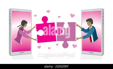 Online dating. Woman and man meeting online and get match and falling in love. Vector illustration. Dimension 16:9. Stock Vector