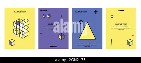 Neo Memphis geometric postcard set. Vector illustration. Triangles, circles, waves and other geometric elements on colorful backdrops. Stock Vector