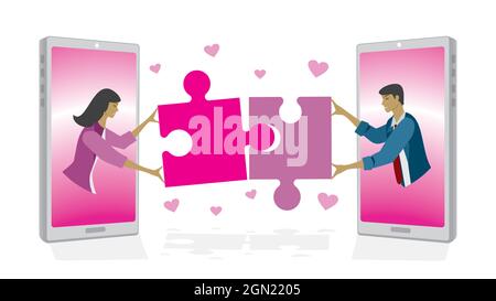 Online dating. Woman and man find love and match on Internet, on mobile app. Vector illustration. Dimension 16:9. EPS10. Stock Vector