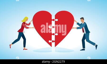 Woman and man find love and match to get in to relationship. Putting puzzle pieces, jigsaw pieces together. Dimension 16:9. Vector illustration. Stock Vector