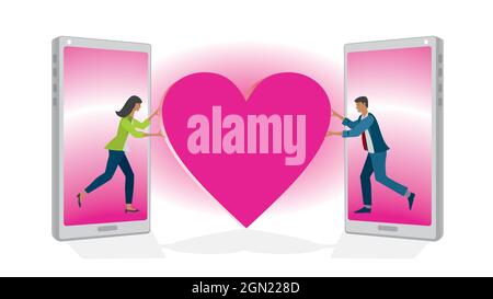 Online dating. Couple, woman and man finding match and love on internet. Concept love and find partner. Vector illustration. EPS10. Dimension 16:9. Stock Vector