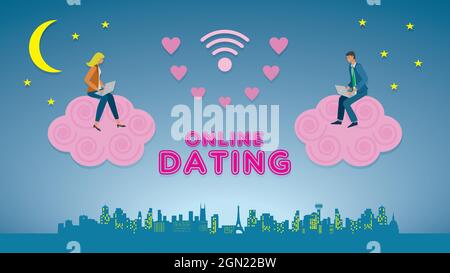 Dating online. Man and woman sitting on pink cloud over cityscape. Communicate on laptops. Romance in cyberspace. Vector illustration. Dimension 16:9. Stock Vector