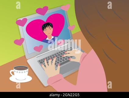 Finding love online. Woman falling in love with man. Sitting chatting on laptop. Vector illustration. EPS10. Stock Vector