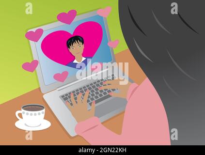 Online dating. Finding love online. Woman chatting with man that she is attracted to. Vector illustration. EPS10. Stock Vector