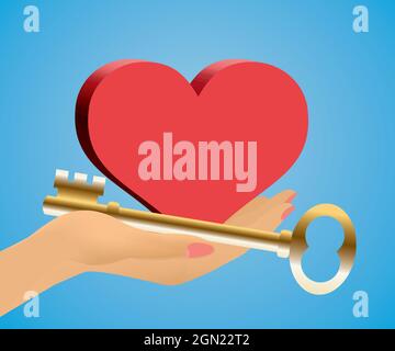 Key to the heart. Hand holding golden key and red heart. How to attract partner and keep good relations. Vector illustration. EPS10. Stock Vector