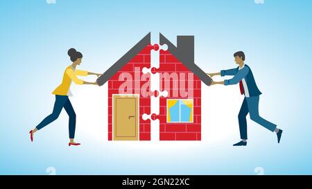 Moving together, man and woman with house with shapes of puzzle pieces. Vector illustration. Dimension 16:9. Stock Vector
