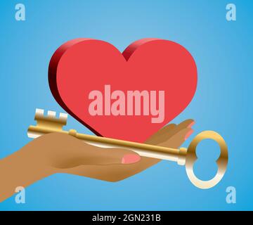 Key to heart. Dark skin hand holding golden key and heart. Conceptual find the key to heart. Vector illustration. EPS10. Stock Vector