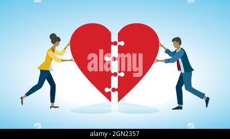 Woman and man putting heart together. Stock Vector