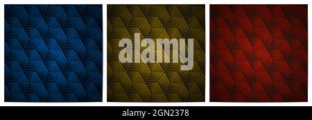 Set of abstract geometric pattern stripes lines with polygonal shape dark background of blue,gold and red Stock Vector