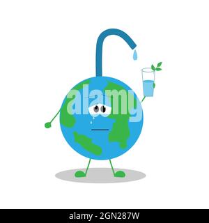 The planet is in tears because of the lack of drinking water. Save water and reduce water loss. Design of a logo, badge or flyer. Vector on isolated b Stock Vector