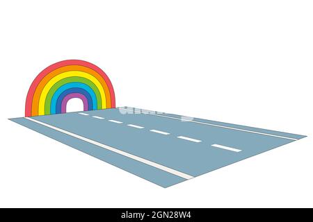 road with rainbow on the horizon, colorful illustration isolated on white background. perspective view Stock Photo