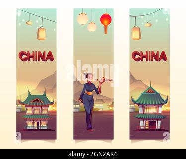 China and Chinese culture vertical banners or bookmarks. Asian woman in traditional kimono carry tray with pot and cups for tea ceremony, authentic buildings and mountain landscape, Cartoon vector set Stock Vector