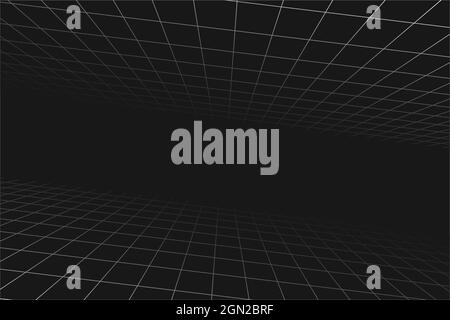 Grid perspective sloping black room. Floor and celling. Gray wireframe background. Digital cyber box technology model. Vector abstract architectural template Stock Vector