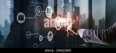 Man clicks on the Update icon. Upgrading concept. Stock Photo