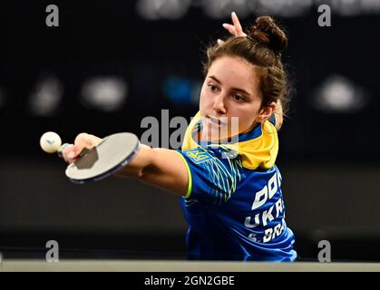 Doha, Qatar. 21st Sep, 2021. Solomiya Brateyko of Ukraine competes during the women's Singles Qualifying Round 2 against Prithika Pavade of France at WTT Star Contender Doha 2021 in Doha, Qatar, on Sept. 21, 2021. Credit: Nikku/Xinhua/Alamy Live News Stock Photo