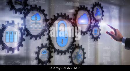 Cybersecurity icons on gear mechanism. Technology concept.