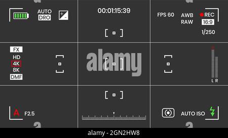 Camera viewfinder video or photo frame recorder flat style design vector illustration. Digital camera viewfinder with exposure settings and focusing g Stock Vector