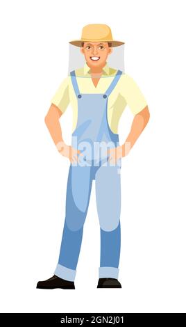 Beekeeper. Isolated on white background. Character in uniform and mesh protective hat. Person is a middle-aged man. Hands on your hips. Business mood. Stock Vector