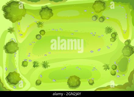 Hilly lawn in the forest. View from above. Countryside rural landscape. Green foliage of trees and shrubs. Top view. Background illustration in cartoo Stock Vector