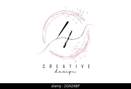 Handwritten 4 four number logo with dust pink sparkling circles and glitter. Decorative shiny vector illustration with number 4. Stock Vector