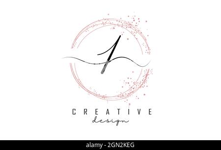 Handwritten 1 one number logo with dust pink sparkling circles and glitter. Decorative shiny vector illustration with number 1. Stock Vector