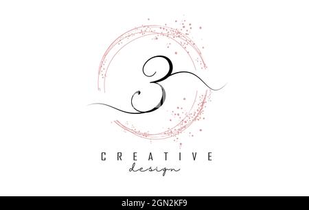 Handwritten 3 three number logo with dust pink sparkling circles and glitter. Decorative shiny vector illustration with number 3. Stock Vector
