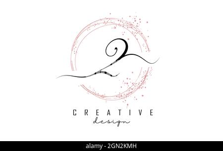 Handwritten 2 one number logo with dust pink sparkling circles and glitter. Decorative shiny vector illustration with number 2. Stock Vector