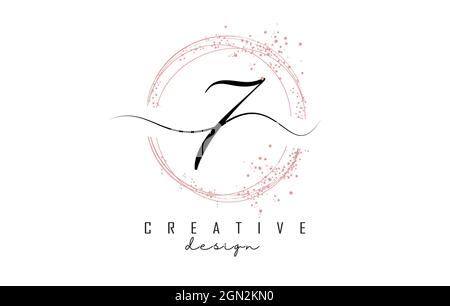 Handwritten 7 seven number logo with dust pink sparkling circles and glitter. Decorative shiny vector illustration with number 7. Stock Vector