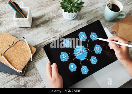 Start new career button on device screen. Recruitment and personal development concept Stock Photo
