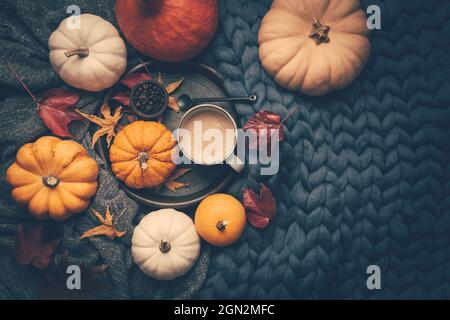 Autumn flatlay with cup of coffee, pumpkins and cuddle blanket on wooden background Stock Photo