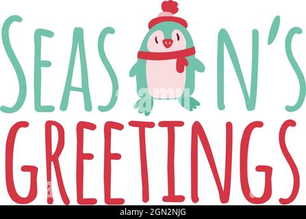 Christmas logotype or insignia. Cute cartoon penguin. Season s greetings. Stock Vector
