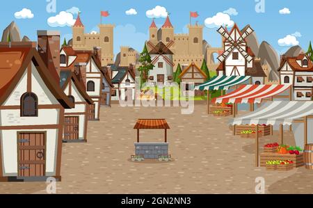 Medieval town scene with market place illustration Stock Vector Image ...