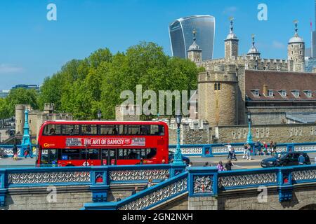 View of the Tower of London and red bus on Tower Bridge, London, England, United Kingdom, Europe Stock Photo