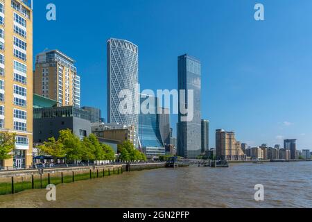 View of Canary Wharf from the Thames Path, Limehouse, London, England, United Kingdom, Europe Stock Photo