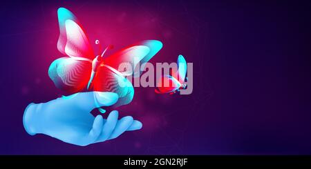 Butterfly silhouette flying away from human hand in a realistic rubber glove. 3D vector illustration with an abstract outline of moth. Metamorphosis c Stock Vector