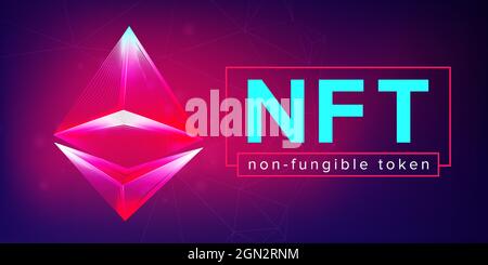 NFT non fungible token horizontal banner in neon line art style. 3D vector illustration with abstract pyramid wireframe. Blockchain technology website Stock Vector