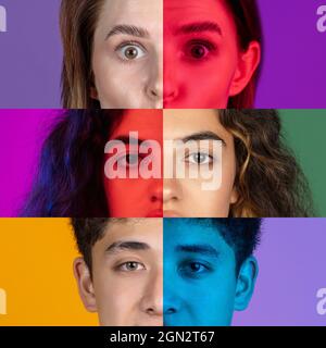 Vertical composite image of close-up male and female half of faces isolated on colored neon backgorund. Multicolored pieces. Concept of equality Stock Photo