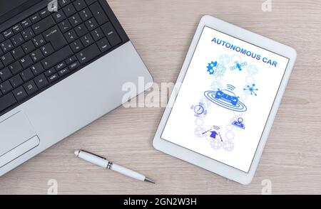 Autonomous car concept shown on a digital tablet Stock Photo