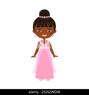 Cute afro american princess in beautiful dress isolated on white background. Flat cartoon style. Vector illustration Stock Photo