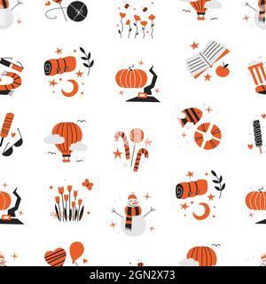 Vector seamless pattern. Endless texture. Weather and seasons background. Scrapbooking paper design. Flat illustrations. Christmas holidays traveling Stock Vector
