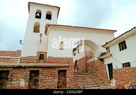 Historical Building of Chinchero village, Located on the Hilltop in Sacred Valley of the Incas, Cuzco, Peru Stock Photo