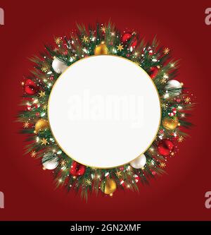 Beautiful Christmas vector illustration. Red background. . Christmas background empty space. Stock Vector