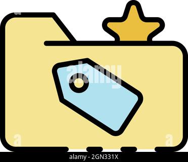 Folder with tag and star icon. Outline folder with tag and star vector icon color flat isolated Stock Vector