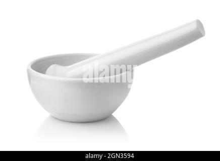 White porcelain lab mortar and pestle isolated on white Stock Photo