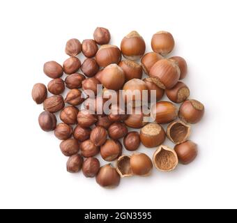 Top view of whole and shelled hazelnuts isolated on white Stock Photo