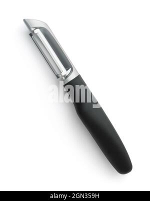 Top view of stainless steel vegetable peeler isolated on white Stock Photo