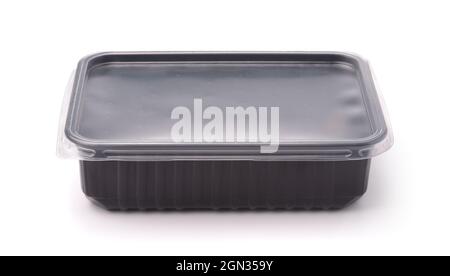 Front view of black disposable plastic food takeaway container isolated on white Stock Photo